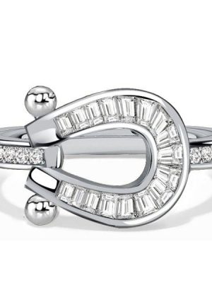 Channel Set Horseshoe Diamond Accent Wedding Ring in Rhodium Plated Sterling Silver