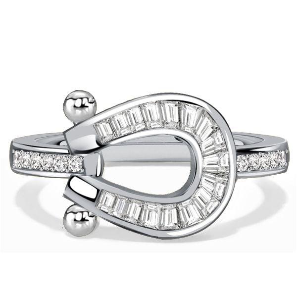 Channel Set Horseshoe Diamond Accent Wedding Ring in Rhodium Plated Sterling Silver