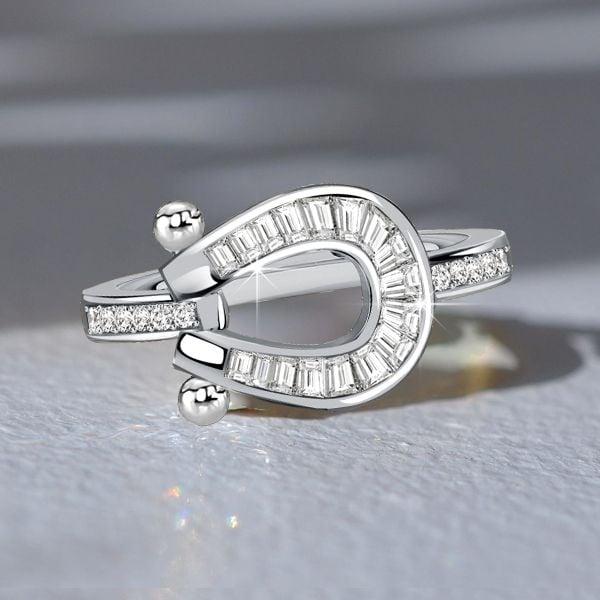 Channel Set Horseshoe Diamond Accent Wedding Ring in Rhodium Plated Sterling Silver