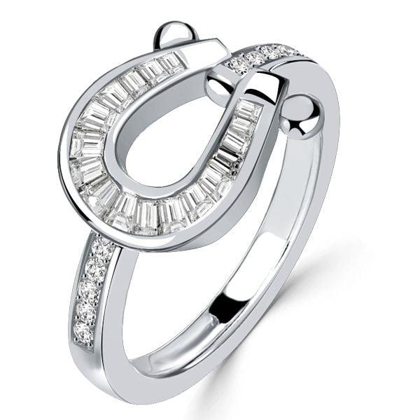 Channel Set Horseshoe Diamond Accent Wedding Ring in Rhodium Plated Sterling Silver