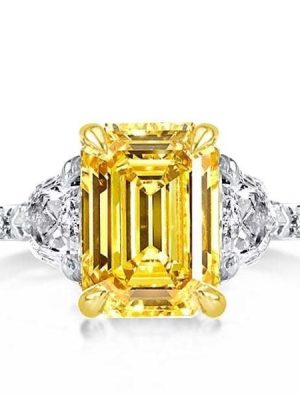 Two Tone Three Stone Yellow Emerald Cut Engagement Ring Sterling Silver