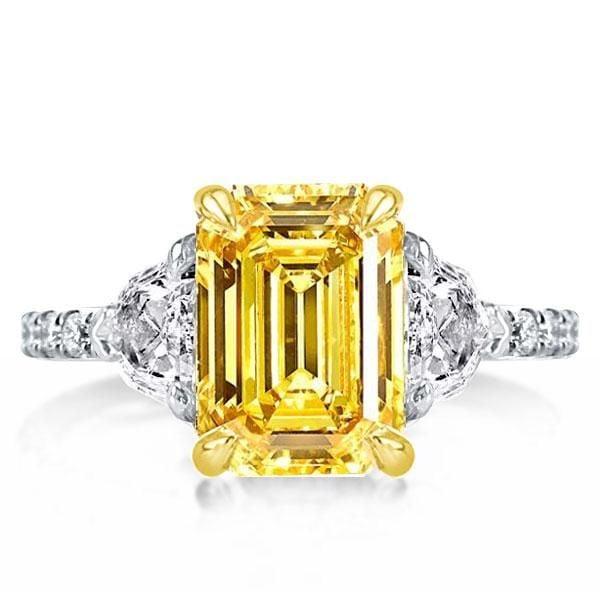 Two Tone Three Stone Yellow Emerald Cut Engagement Ring Sterling Silver