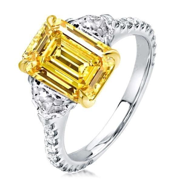 Two Tone Three Stone Yellow Emerald Cut Engagement Ring Sterling Silver