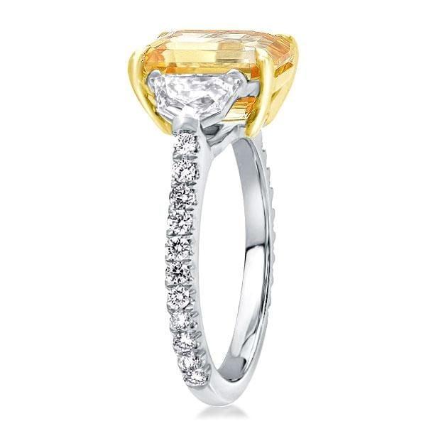 Two Tone Three Stone Yellow Emerald Cut Engagement Ring Sterling Silver