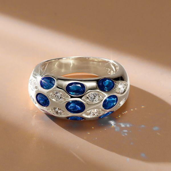 Oval Blue Sapphire Sterling Silver Wedding Band Vintage Dome Ring