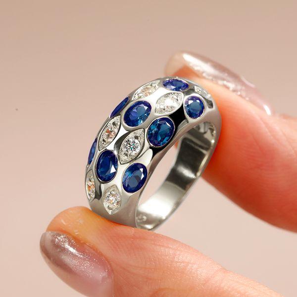 Oval Blue Sapphire Sterling Silver Wedding Band Vintage Dome Ring