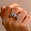 Oval Blue Sapphire Sterling Silver Wedding Band Vintage Dome Ring