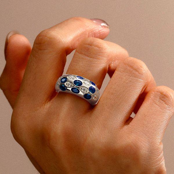 Oval Blue Sapphire Sterling Silver Wedding Band Vintage Dome Ring