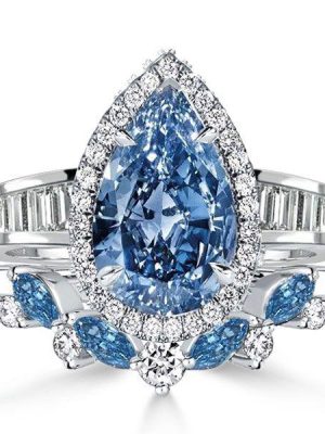 Blue Topaz Halo Engagement Ring Set - 925 Sterling Silver Bridal Rings