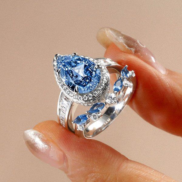 Blue Topaz Halo Engagement Ring Set - 925 Sterling Silver Bridal Rings