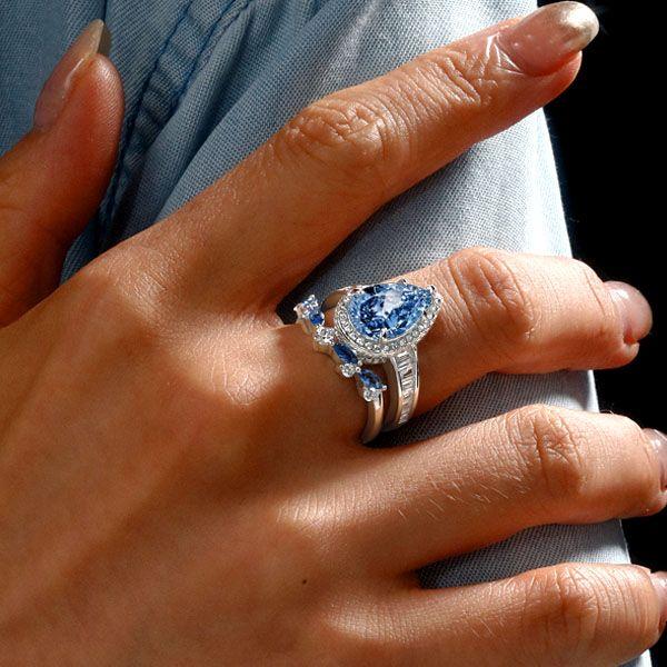 Blue Topaz Halo Engagement Ring Set - 925 Sterling Silver Bridal Rings