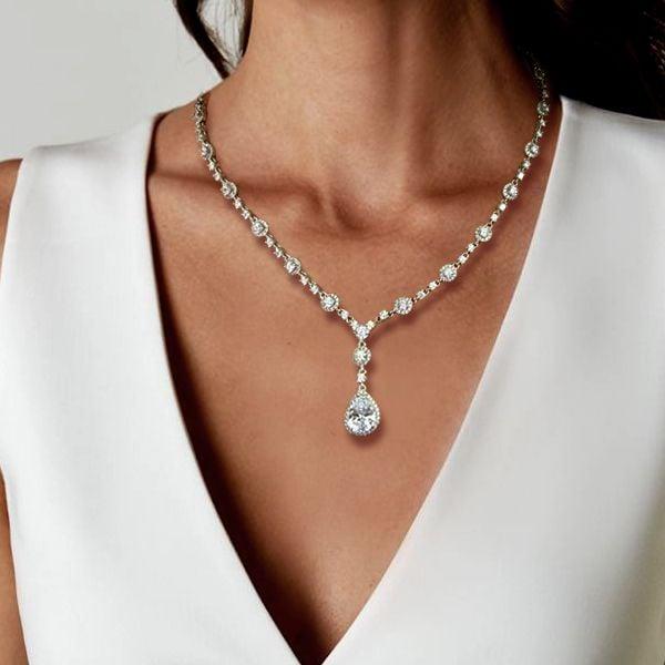 Fashion Halo Pear & Round Pendant Necklace in 925 Sterling Silver