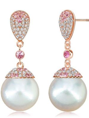 18K Rose Gold Plated Pearl Drop Earrings with Pink Sapphire Accents for Women