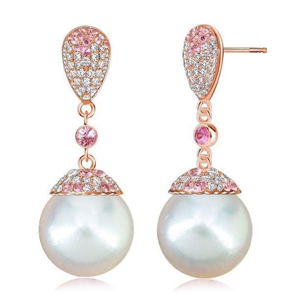 18K Rose Gold Plated Pearl Drop Earrings with Pink Sapphire Accents for Women