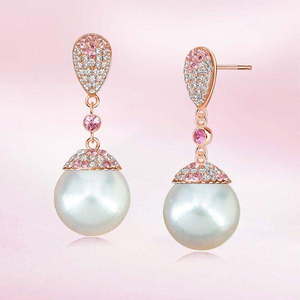 18K Rose Gold Plated Pearl Drop Earrings with Pink Sapphire Accents for Women