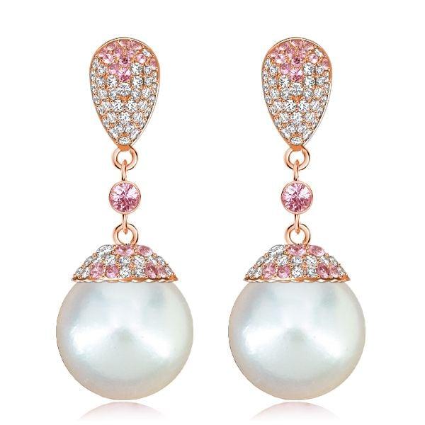 18K Rose Gold Plated Pearl Drop Earrings with Pink Sapphire Accents for Women