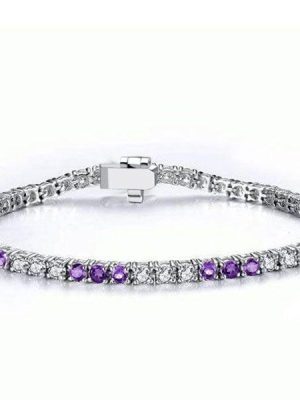 Round Cut Amethyst and White Stone Tennis Bracelet in Sterling Silver