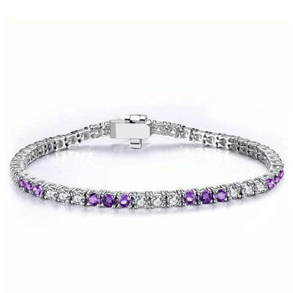 Round Cut Amethyst and White Stone Tennis Bracelet in Sterling Silver