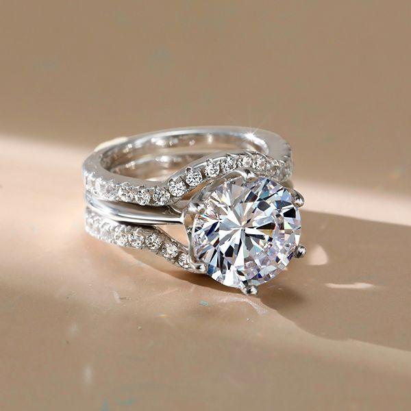 Classic Solitaire White Sapphire 3PC Wedding Ring Set - Sterling Silver