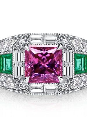 Large Pink Sapphire Cocktail Ring in 925 Sterling Silver with Emerald Accent