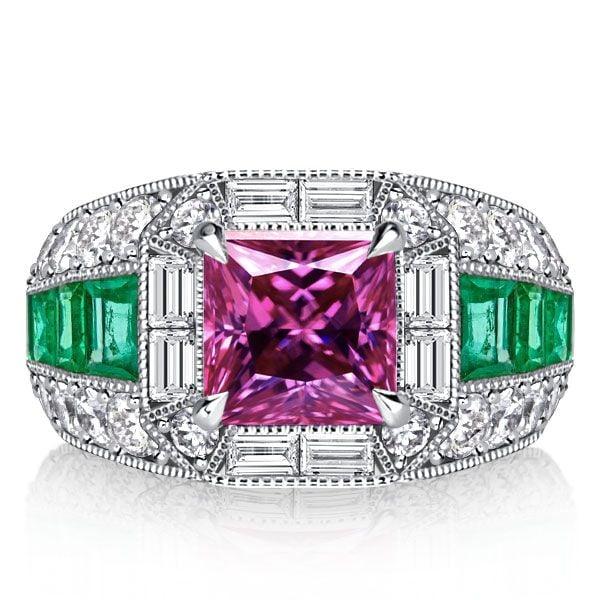 Large Pink Sapphire Cocktail Ring in 925 Sterling Silver with Emerald Accent