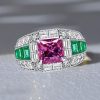 Large Pink Sapphire Cocktail Ring in 925 Sterling Silver with Emerald Accent