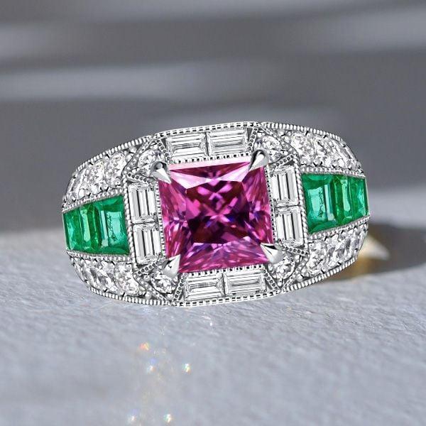 Large Pink Sapphire Cocktail Ring in 925 Sterling Silver with Emerald Accent