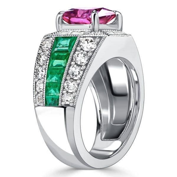 Large Pink Sapphire Cocktail Ring in 925 Sterling Silver with Emerald Accent