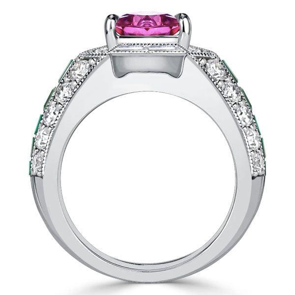 Large Pink Sapphire Cocktail Ring in 925 Sterling Silver with Emerald Accent