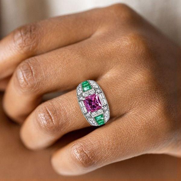 Large Pink Sapphire Cocktail Ring in 925 Sterling Silver with Emerald Accent