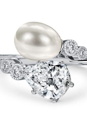 Vintage Pear Cut Bypass Engagement Ring in 925 Sterling Silver with Pearl Accent