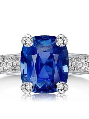 Micro-Pave Cushion Cut Blue Sapphire Engagement Ring in Rhodium-Plated Sterling Silver