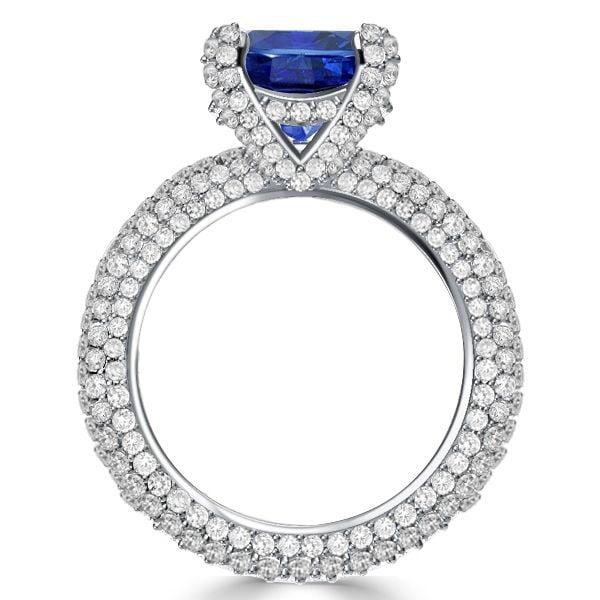 Micro-Pave Cushion Cut Blue Sapphire Engagement Ring in Rhodium-Plated Sterling Silver