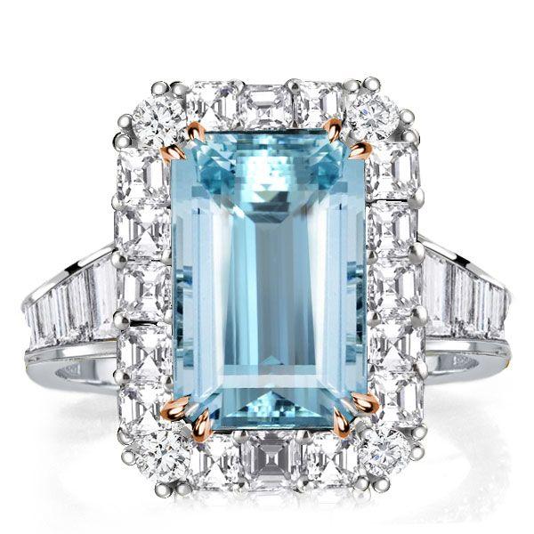 Two Tone Halo Emerald Cut Aquamarine Engagement Ring in Sterling Silver