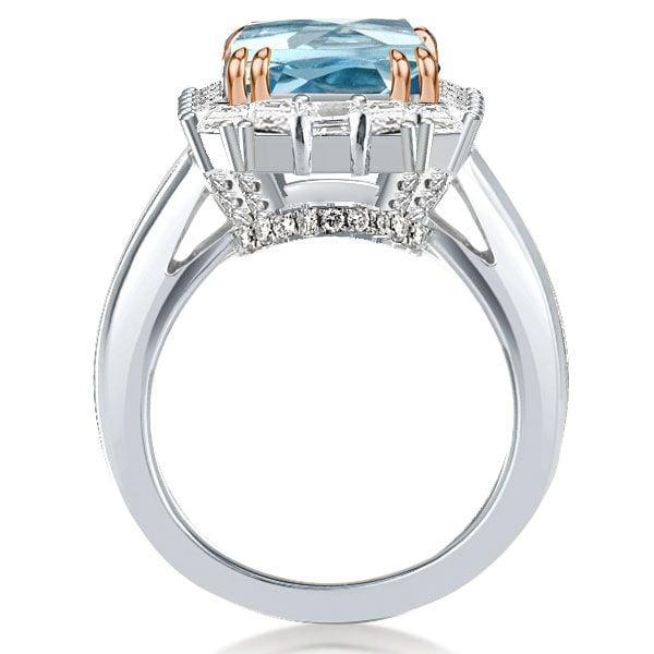 Two Tone Halo Emerald Cut Aquamarine Engagement Ring in Sterling Silver