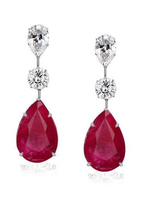 Classic Pear Cut Ruby Drop Earrings in Rhodium Plated Sterling Silver