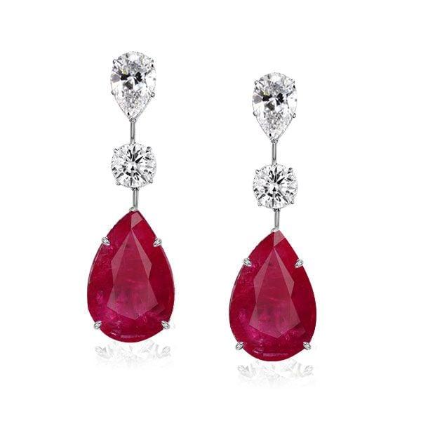 Classic Pear Cut Ruby Drop Earrings in Rhodium Plated Sterling Silver