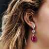 Classic Pear Cut Ruby Drop Earrings in Rhodium Plated Sterling Silver