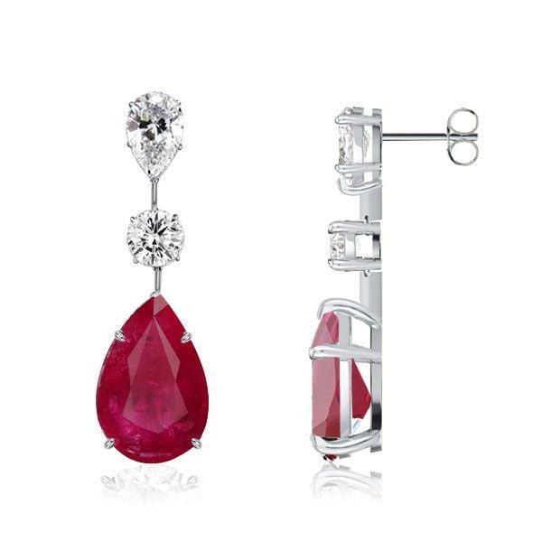 Classic Pear Cut Ruby Drop Earrings in Rhodium Plated Sterling Silver
