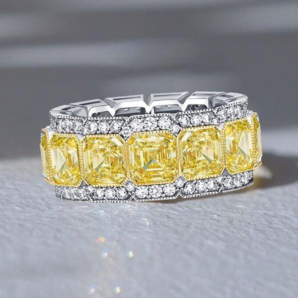 10.70 CTW Yellow Asscher Cut Multi-Row Eternity Wedding Band in Sterling Silver