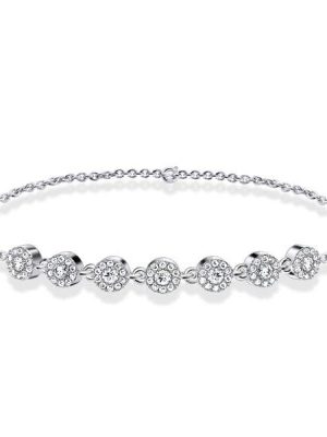 Halo White Sapphire Round Cut Chain Bracelet for Women in Rhodium Plated 925 Sterling Silver