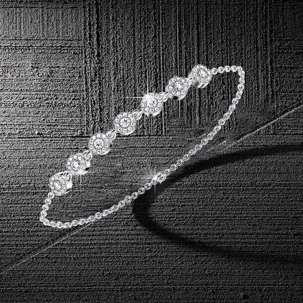 Halo White Sapphire Round Cut Chain Bracelet for Women in Rhodium Plated 925 Sterling Silver