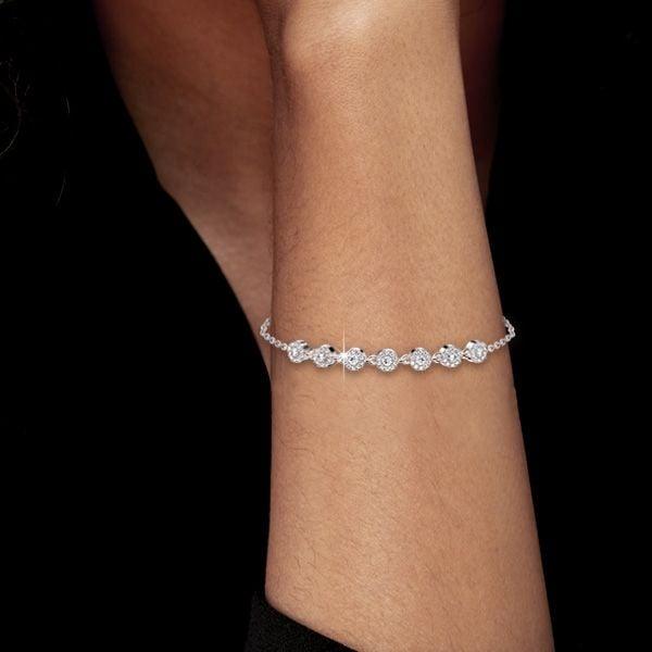 Halo White Sapphire Round Cut Chain Bracelet for Women in Rhodium Plated 925 Sterling Silver