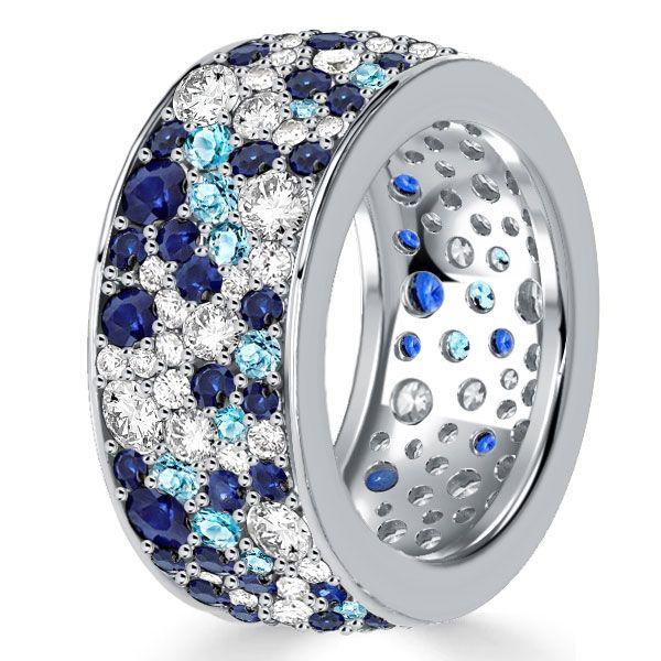 Blue Sapphire Eternity Band - Sterling Silver Multi-Row Wedding Ring