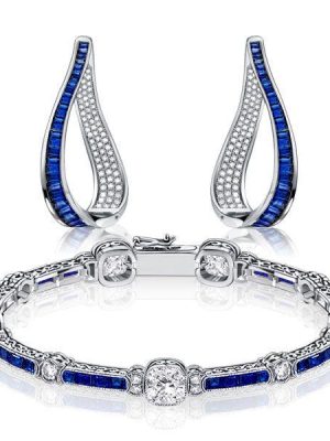 White & Blue Sapphire Sterling Silver Bracelet & Hoop Earrings Set