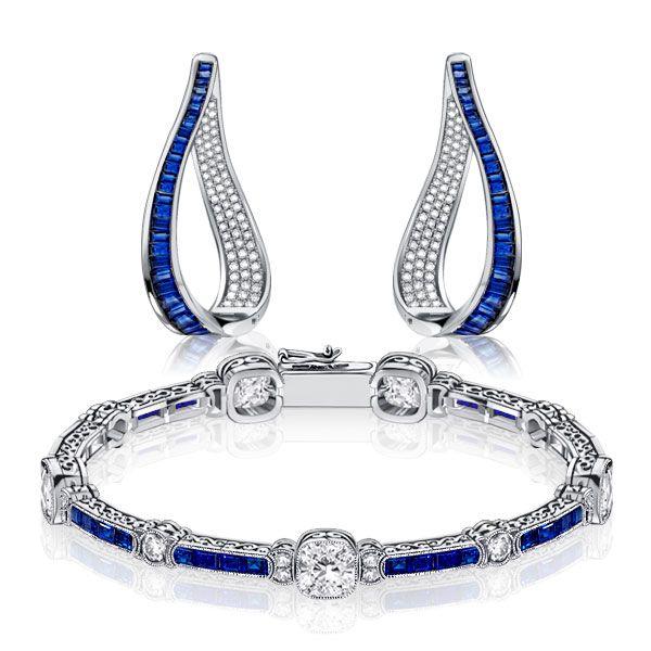 White & Blue Sapphire Sterling Silver Bracelet & Hoop Earrings Set