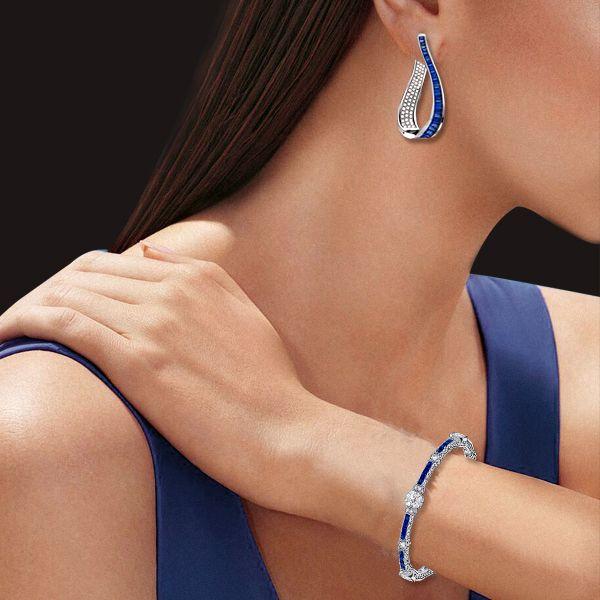 White & Blue Sapphire Sterling Silver Bracelet & Hoop Earrings Set