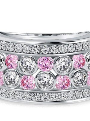 Sterling Silver White & Pink Stone Bezel Set Half Eternity Wedding Band