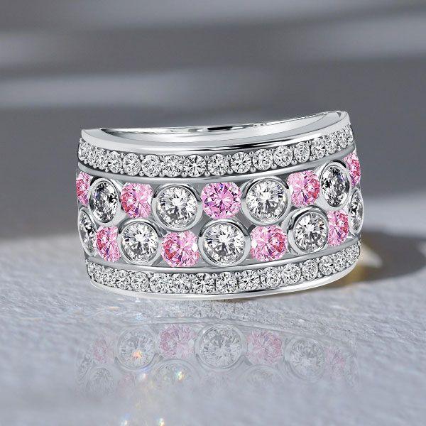 Sterling Silver White & Pink Stone Bezel Set Half Eternity Wedding Band