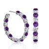 Alternating Amethyst and White Stone Hoop Earrings in 925 Sterling Silver